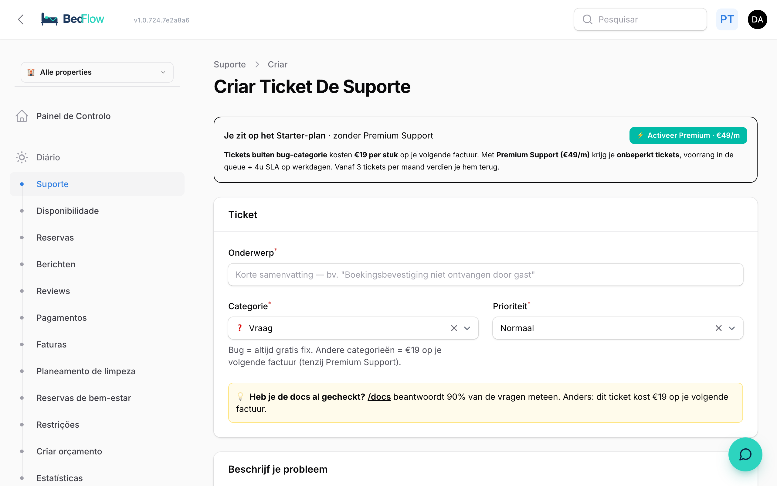 Formulário de criação de ticket